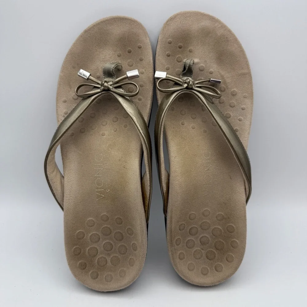 Vionic Orthoheel Bella Sandal Thong Bow Detail Comfort‎ Slide Gold Women's 9